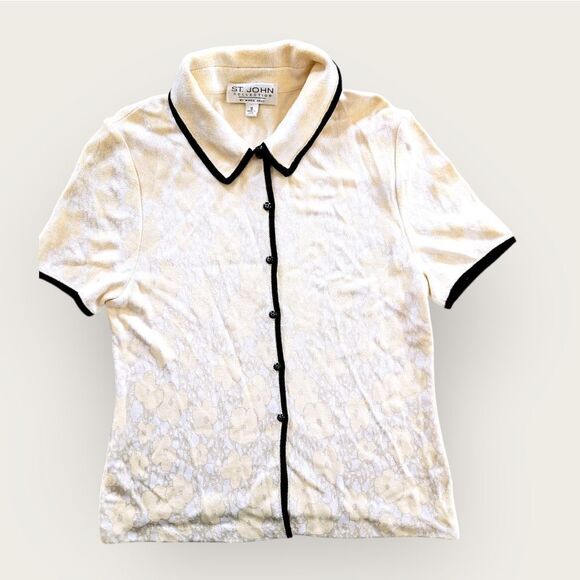 St. John Collection Short Sleeve Button Up Floral Cream Santana Knit Blouse 12 - Picture 1 of 9